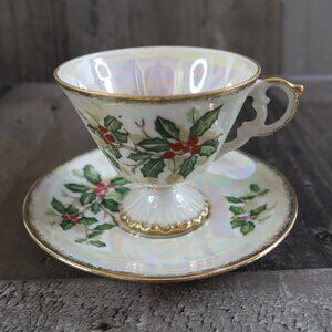 Lugenes Japan December Holly Lusterware Cup & Saucer Set Porcelain Gold Trim 50s